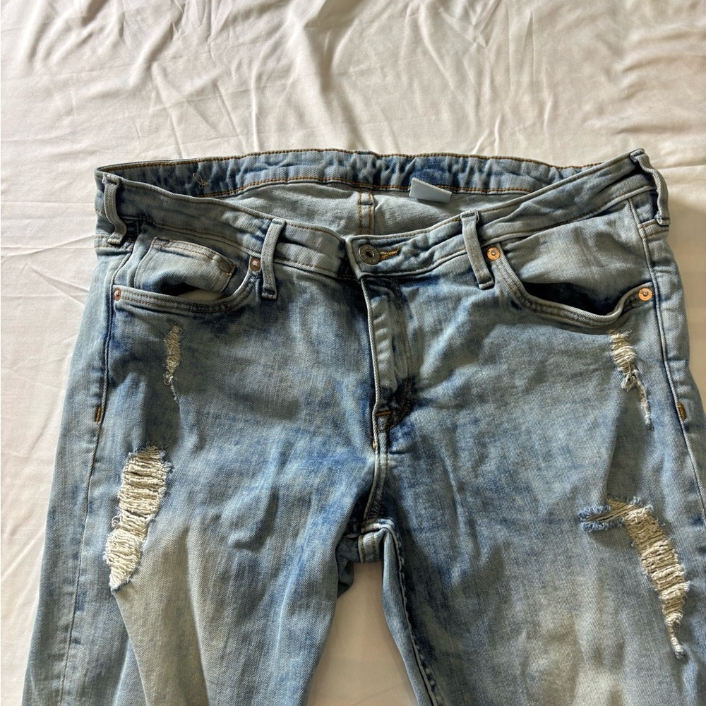 &Denim Skinny Low Waist Jeans Mens 34x32 Distressed Light Wash - Picture 6 of 13